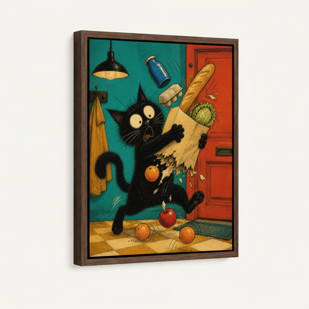 Framed black cat whimsical art print in dark walnut float frame white background studio shot