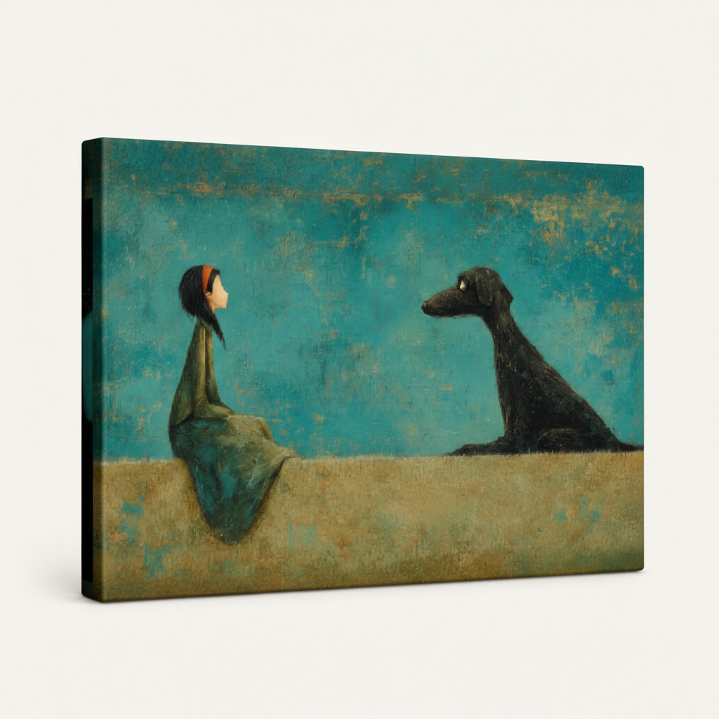 Gallery-wrapped canvas art of girl and dog in muted teal tones, unframed angled product mockup