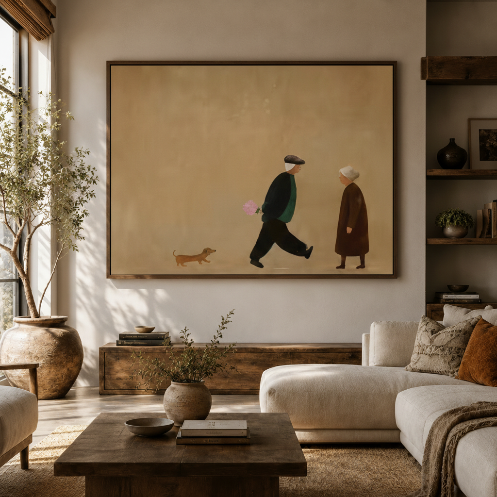 Minimalist couple and dog folk art canvas wall art above console in bright Japandi living room