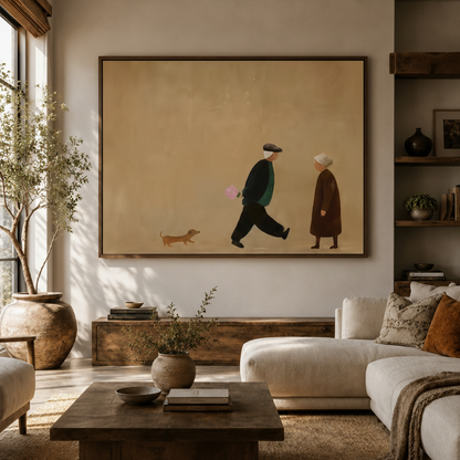 Minimalist couple and dog folk art canvas wall art above console in bright Japandi living room