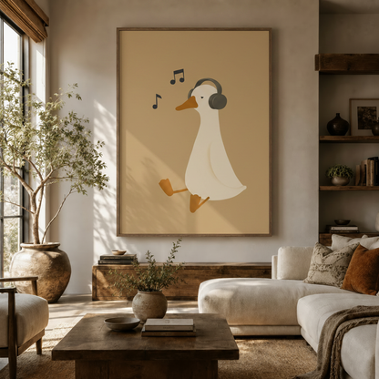 Whimsical duck with headphones wall art in warm brown float frame displayed in a bright boho living room