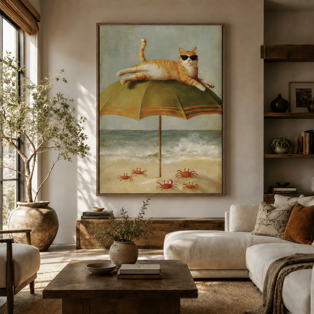 Cool cat in sunglasses on beach umbrella vintage canvas wall art above console in warm modern living room with olive tree