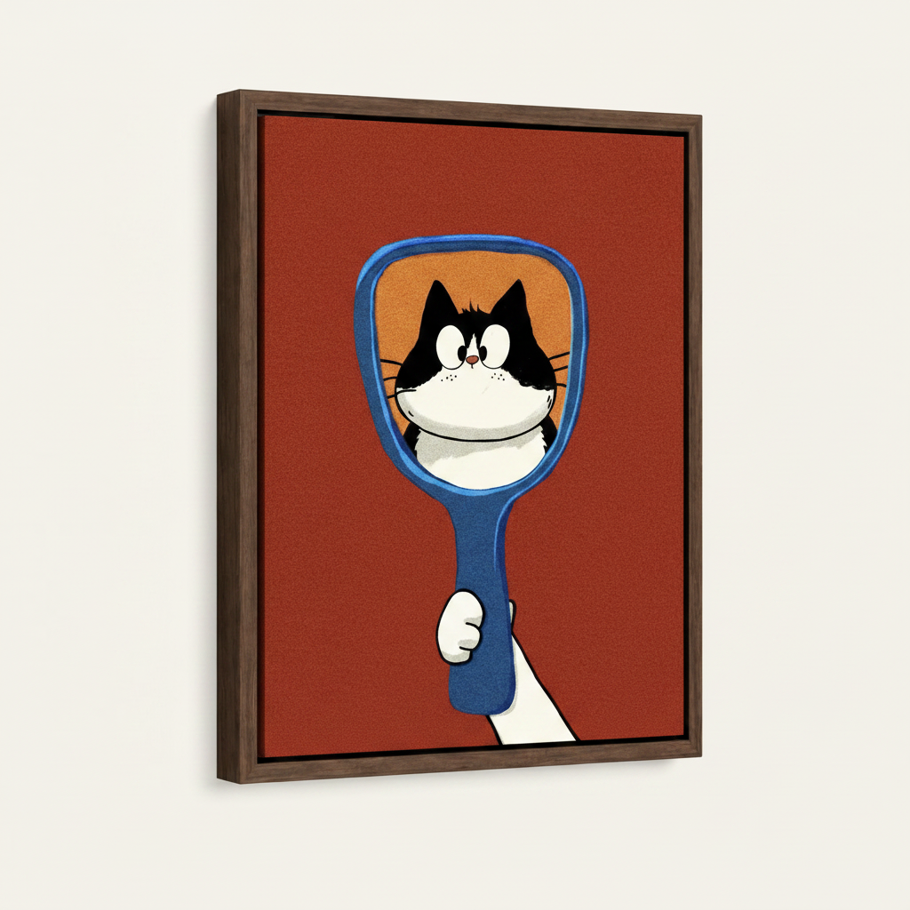 Framed retro cat mirror wall art with dark walnut float frame on off-white background