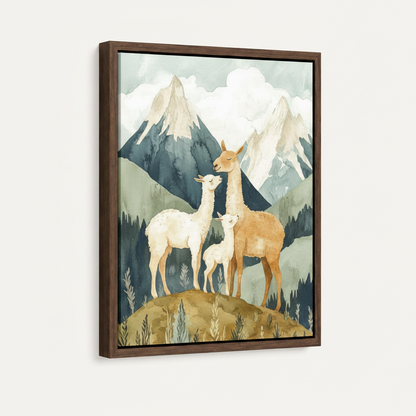 Watercolor llama family mountain canvas in dark walnut float frame front view