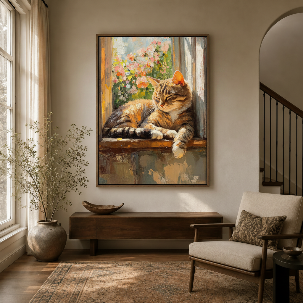 Cozy tabby cat window canvas wall art hung in bright entryway above dark console table
