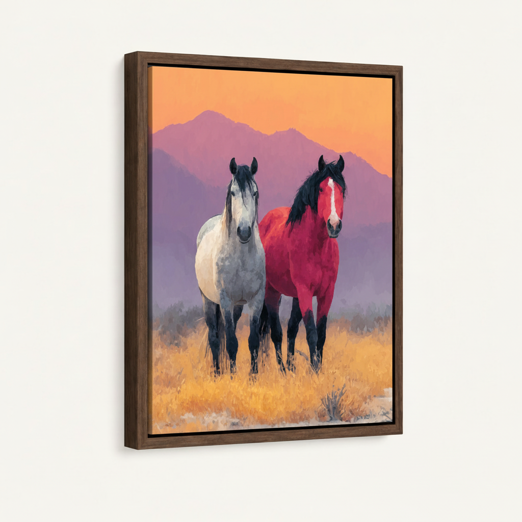 Framed two wild horses sunset canvas wall art in dark walnut float frame, 3D angled product view