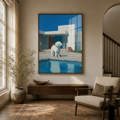 White dog blue pool modernist house canvas displayed in bright entryway foyer with arched doorway and armchair
