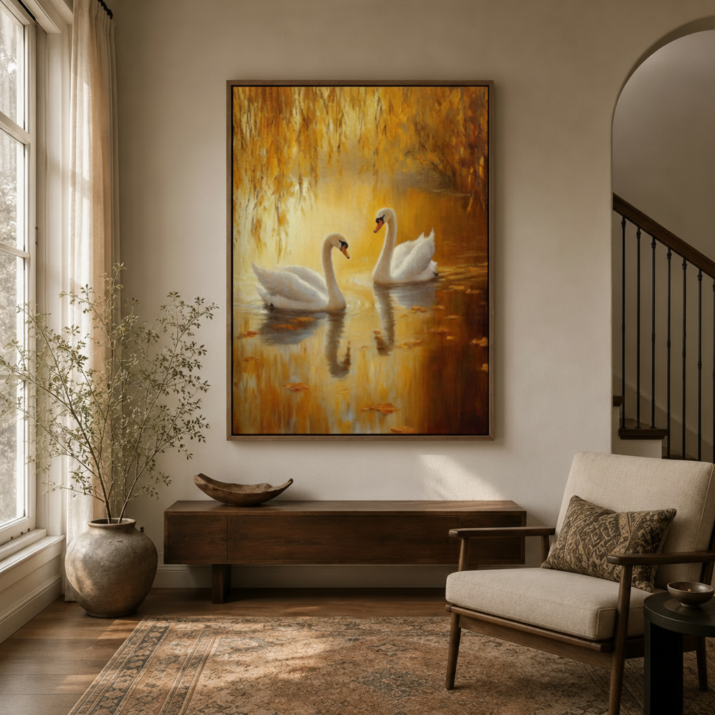 Classical swan autumn pond canvas hung above console in bright entryway with Persian rug and arched doorway