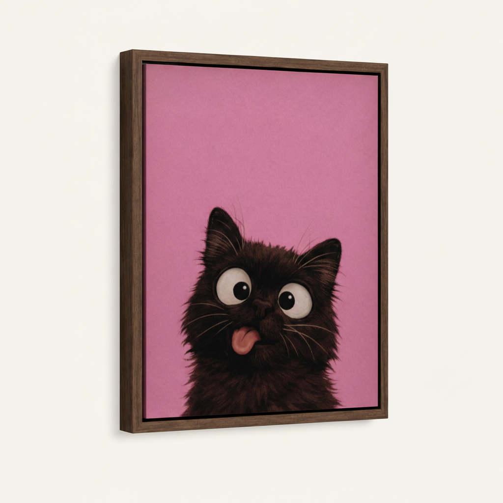 Whimsical cat blep canvas in dark walnut float frame, 3/4 view product mockup on white background