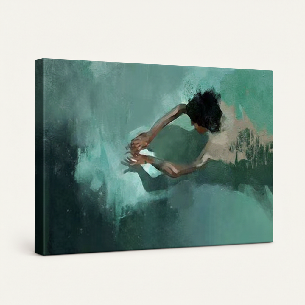 Gallery-wrapped canvas of teal expressionist figure painting, side angle showing canvas depth