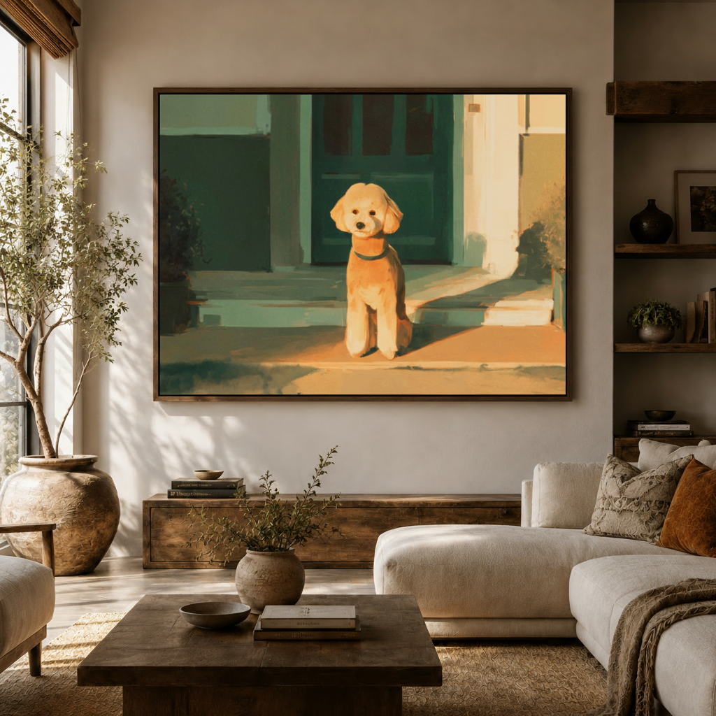 Warm golden poodle canvas wall art above console in bright living room with white sofa