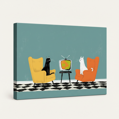 Gallery-wrapped retro cat canvas print shown at angle on clean white background