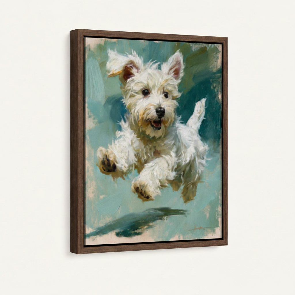 Framed canvas close-up of leaping Westie puppy oil painting with teal brushstroke background