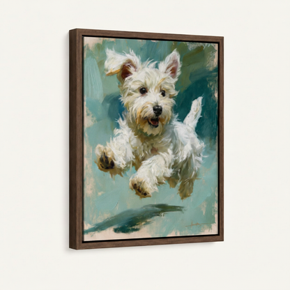 Framed canvas close-up of leaping Westie puppy oil painting with teal brushstroke background