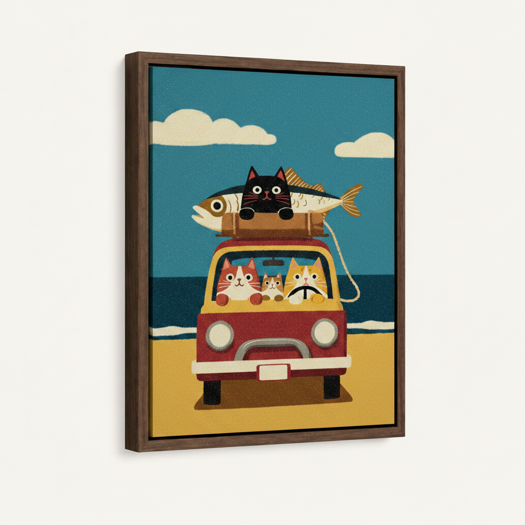 Framed canvas angled view of four cats in vintage red van on beach, black cat on roof with fish