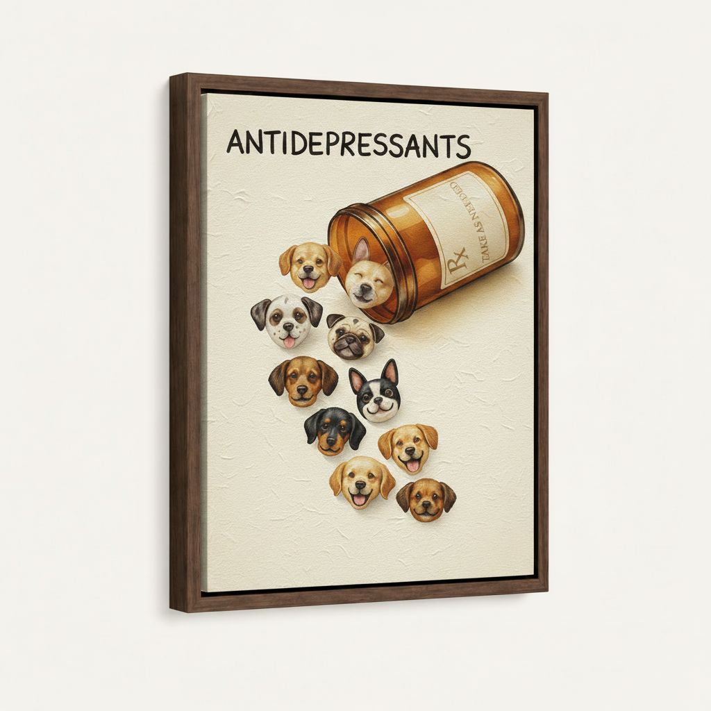 Funny dog antidepressants art in dark walnut float frame on off-white wall, angled side view