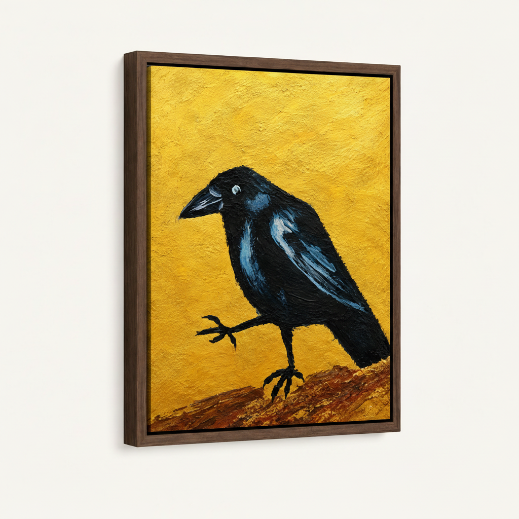 Dark walnut float frame canvas featuring black crow impasto painting, product photography view
