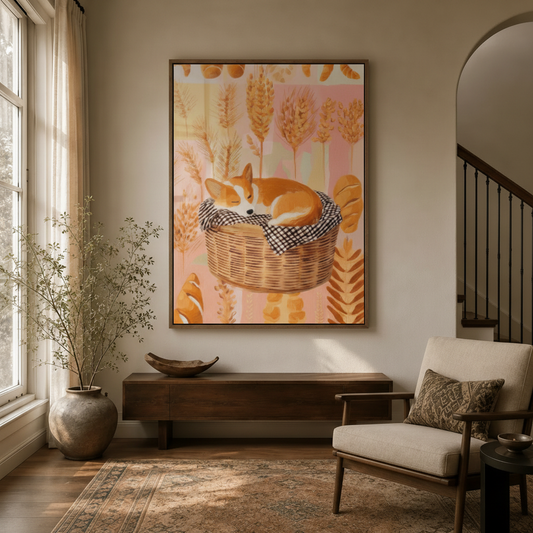 Sleeping corgi in wheat basket canvas in walnut float frame in bright modern entryway