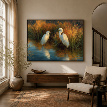 Framed two egrets autumn marsh classical canvas wall art in bright entryway with staircase and console table