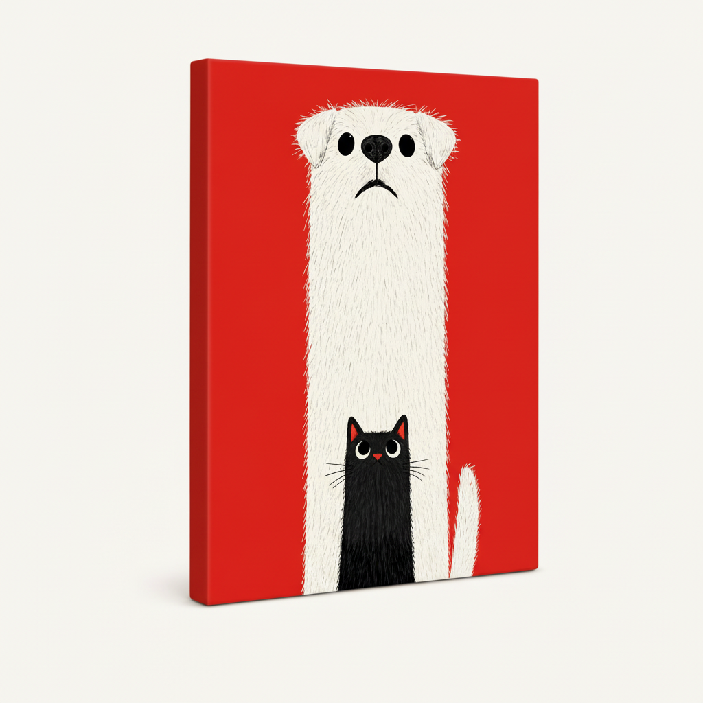 Gallery-wrapped bold red dog and cat illustration canvas print, angled side view showing wrapped edges