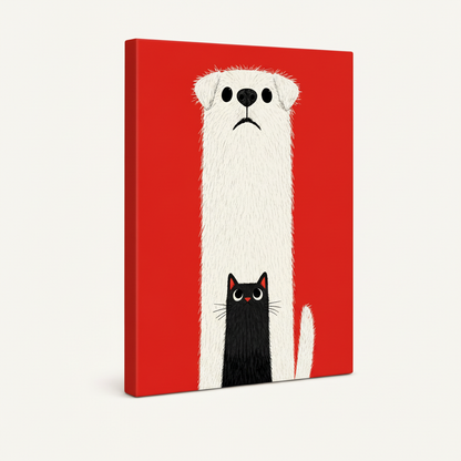 Gallery-wrapped bold red dog and cat illustration canvas print, angled side view showing wrapped edges