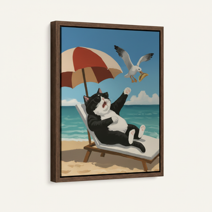Funny tuxedo cat canvas in dark walnut float frame product mockup side view