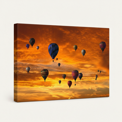 Gallery-wrapped hot air balloon canvas art standalone product view with glowing orange sky detail
