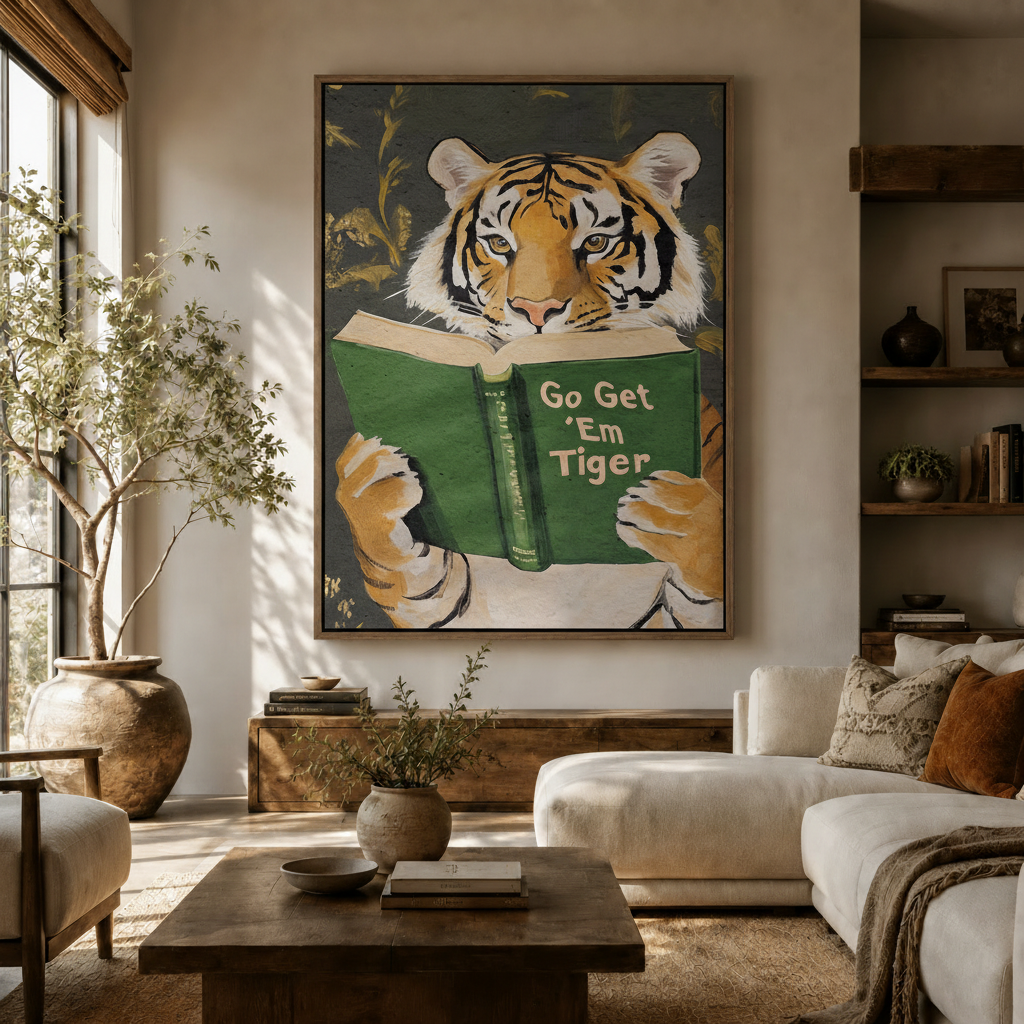 Funny tiger reading book oil painting canvas wall art displayed in a bright modern living room