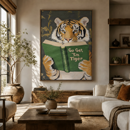 Funny tiger reading book oil painting canvas wall art displayed in a bright modern living room