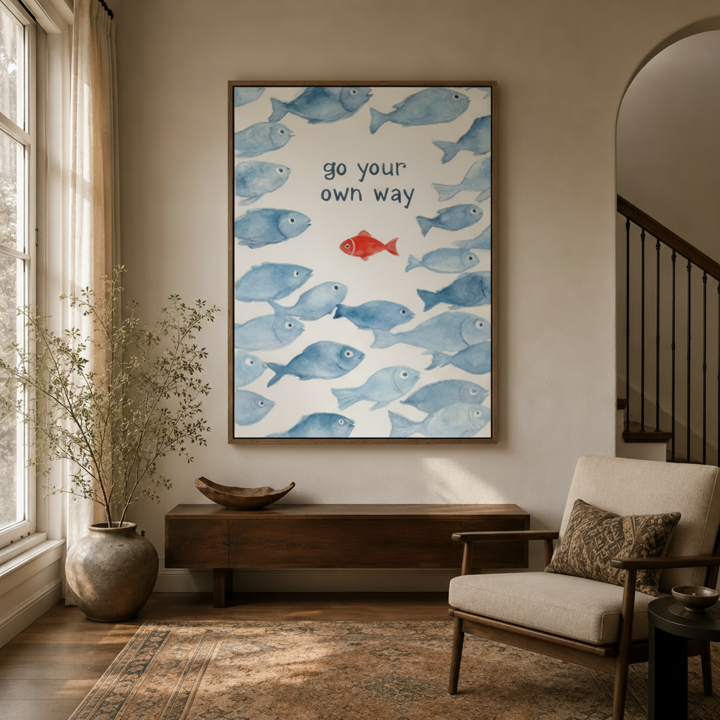 Red fish blue school watercolor motivational canvas in float frame above dark walnut entryway credenza