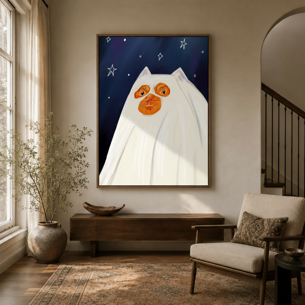  Illustrated ghost cat wall art styled in an elegant entryway with arched doorway and warm lighting