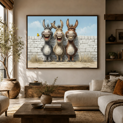 Funny three donkeys laughing cartoon canvas wall art above console in bright Japandi living room white sofa