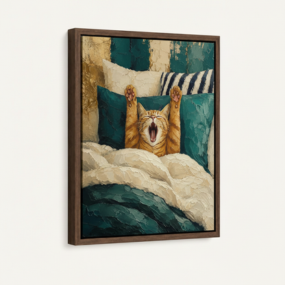 Funny cat yawning impasto canvas print with walnut frame shown against white wall