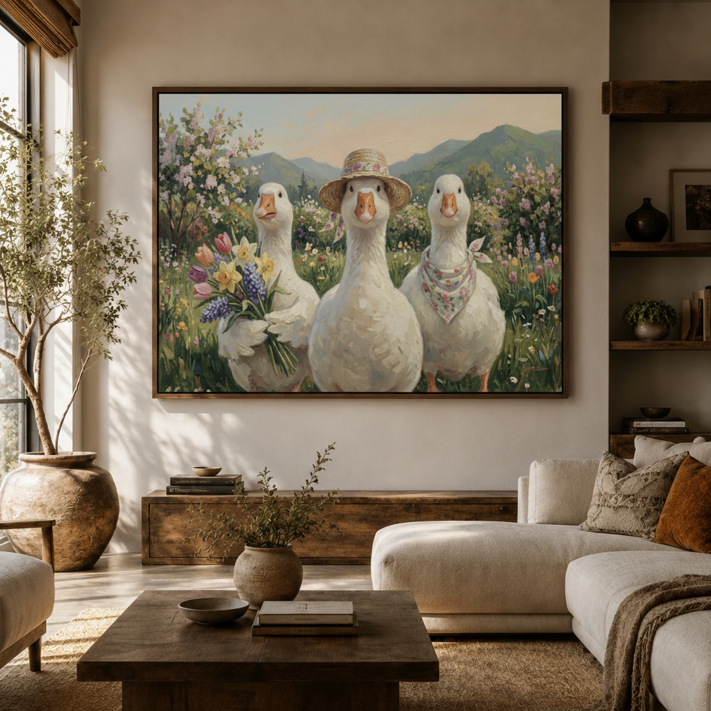 Whimsical goose spring garden canvas wall art above console in bright Japandi living room white sofa