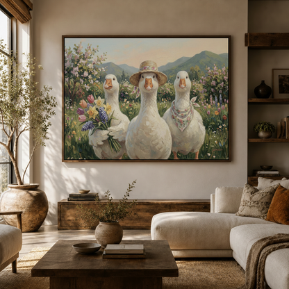 Whimsical goose spring garden canvas wall art above console in bright Japandi living room white sofa