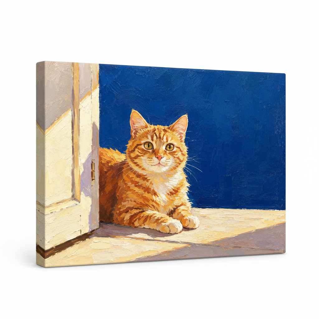 Gallery-wrapped orange cat canvas wall art shown from an angled view