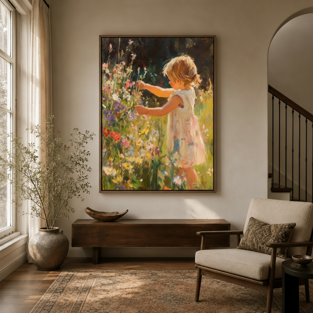 Childhood wildflower meadow canvas in walnut float frame displayed in entryway above console
