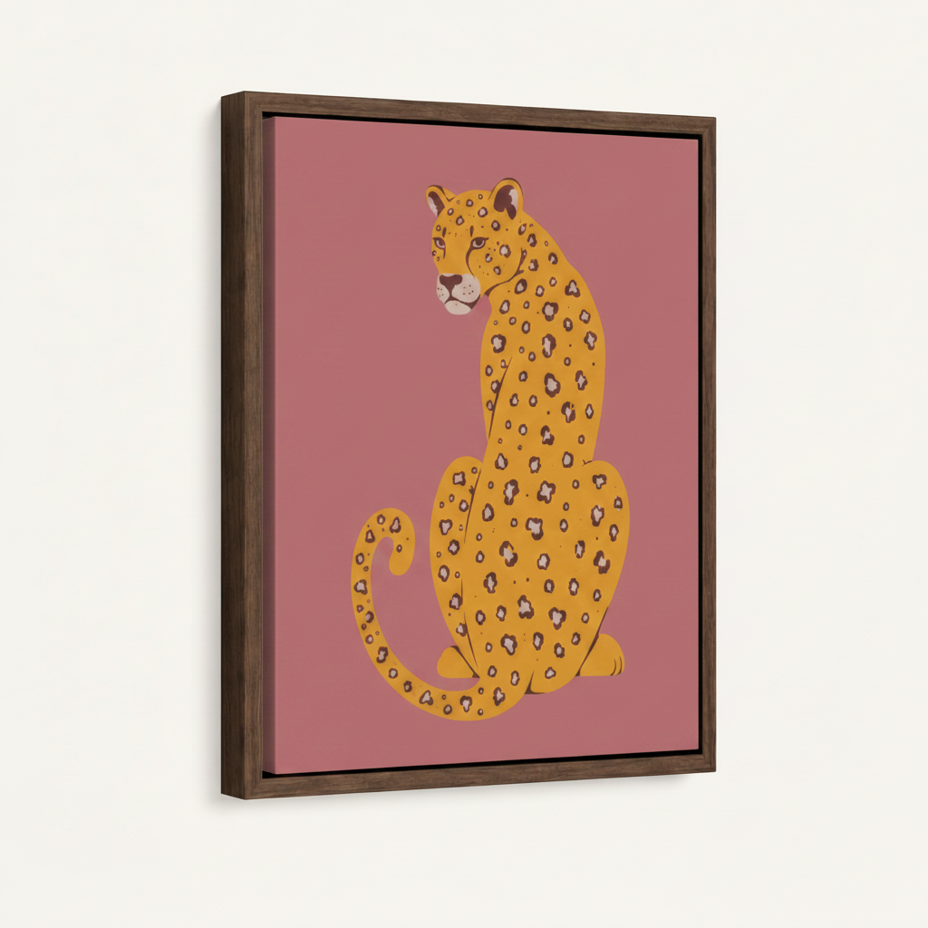 Leopard canvas wall art in walnut floating frame, angled product view on off-white background