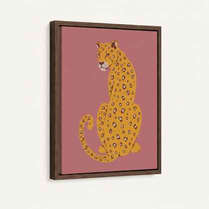 Leopard canvas wall art in walnut floating frame, angled product view on off-white background