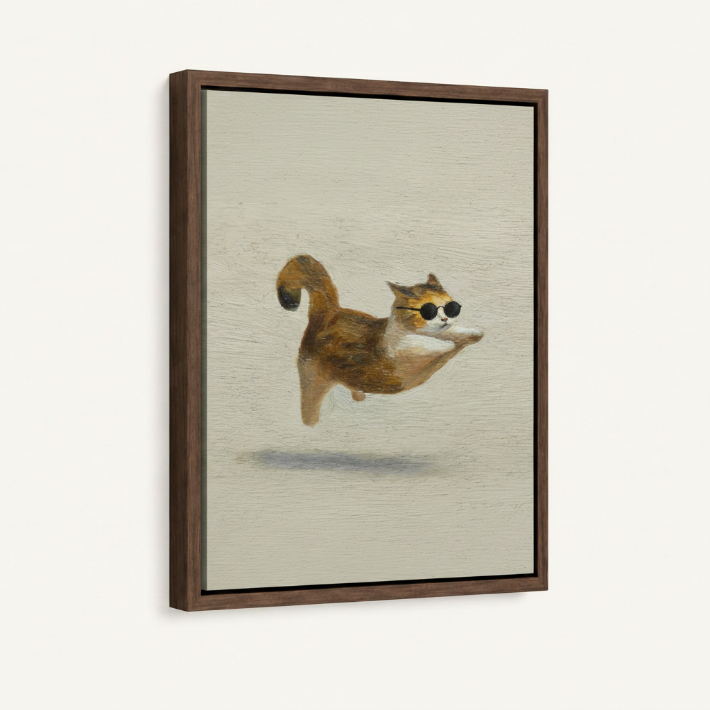 Framed minimalist cat oil painting in dark walnut float frame, front-facing product display