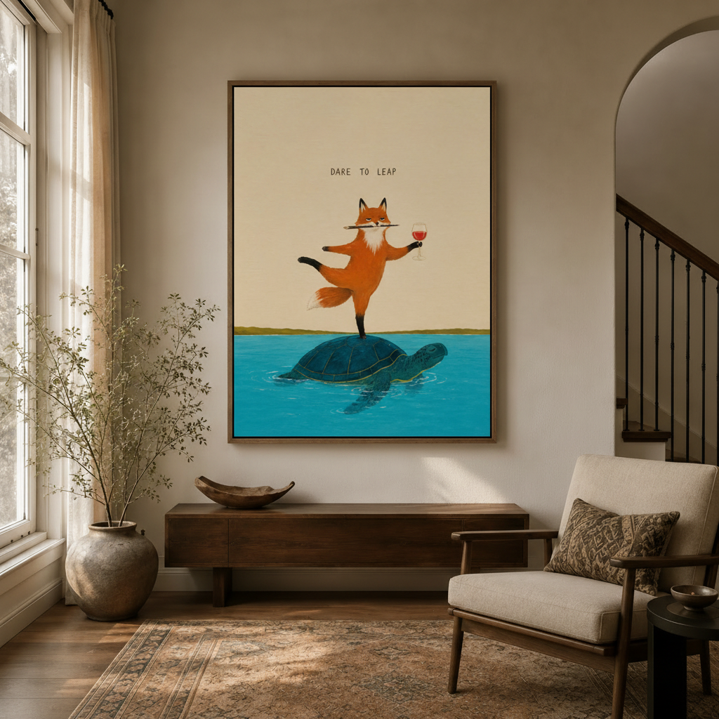 Fox sea turtle dare to leap quote canvas in float frame above dark walnut entryway credenza, warm cream tones