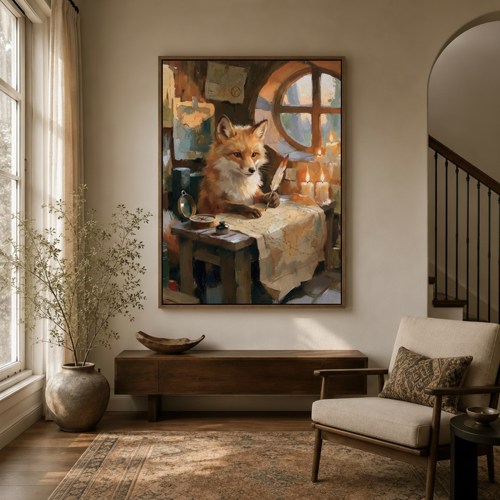 Fox quill map candlelit study impasto canvas in walnut float frame in warm modern entryway