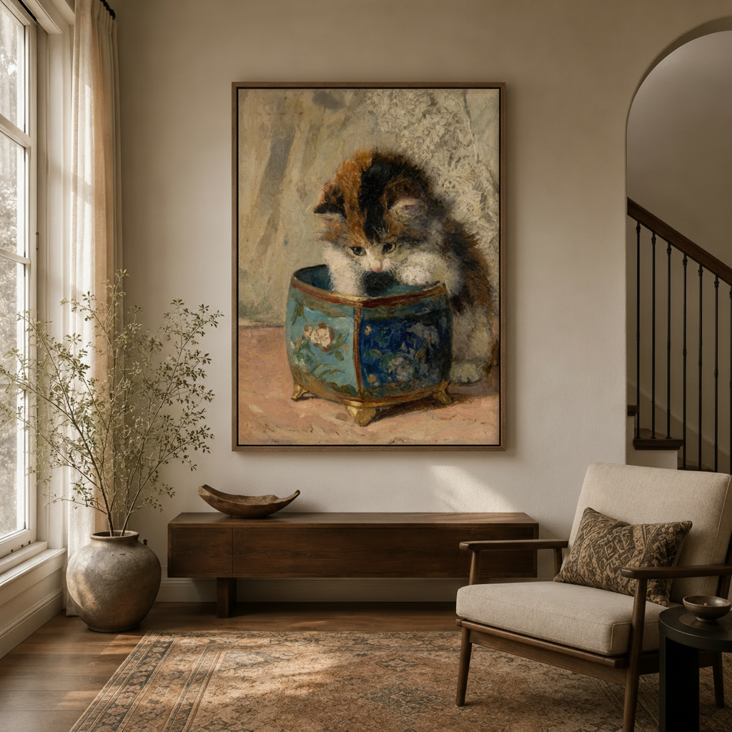 Victorian calico kitten enamel jewelry box canvas in float frame above dark walnut entryway credenza, warm antique light