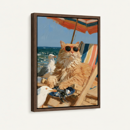 Float-framed beach cat canvas at three-quarter angle showing dark walnut frame and float gap on off-white background