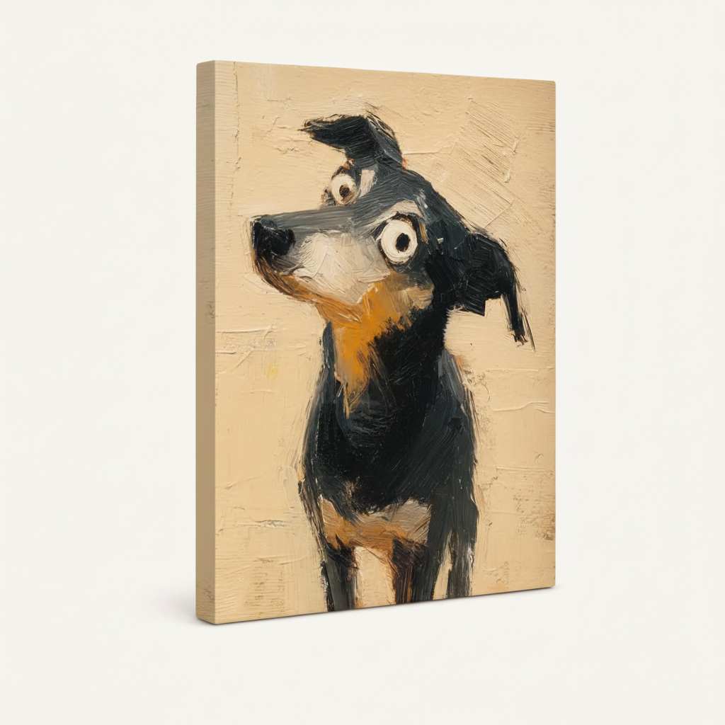 Gallery-wrapped canvas side view of whimsical black-and-tan dog impasto painting on creamy beige background