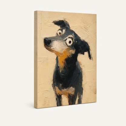 Gallery-wrapped canvas side view of whimsical black-and-tan dog impasto painting on creamy beige background