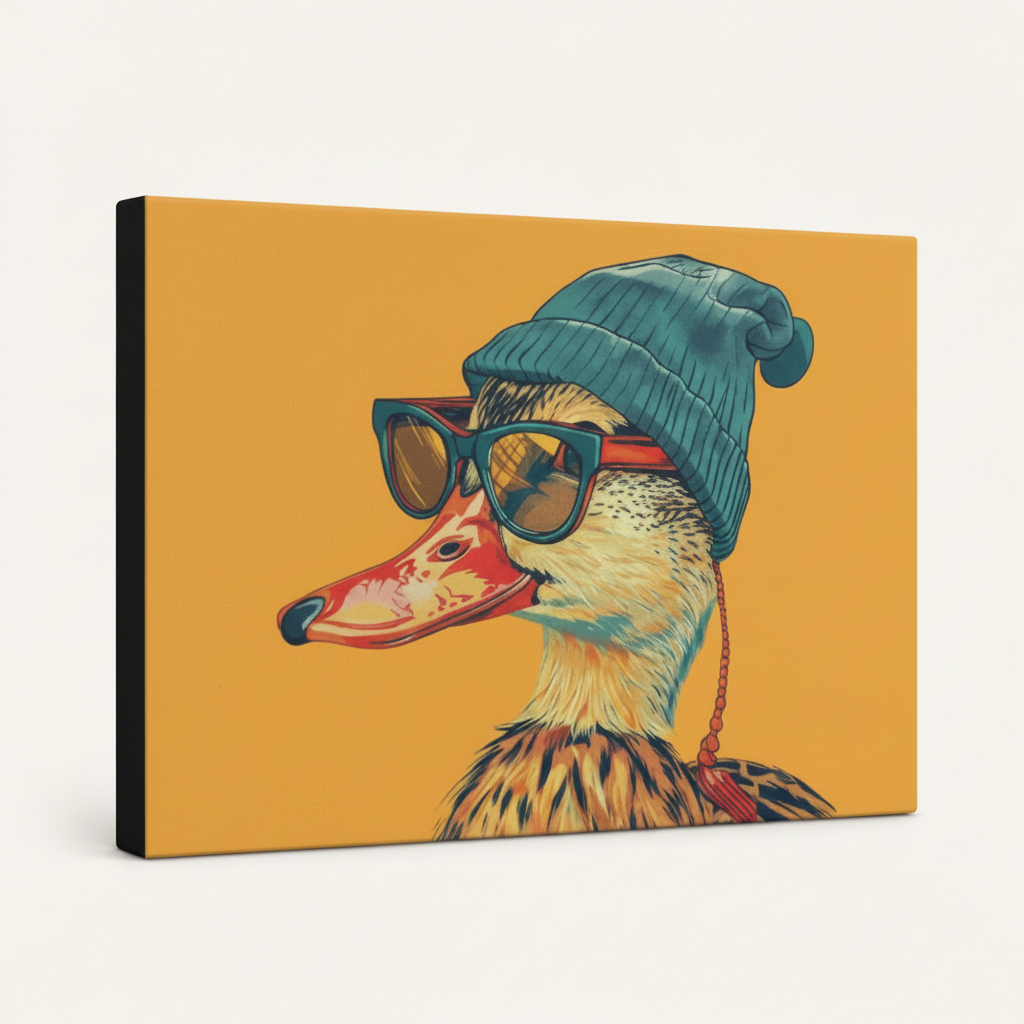 Gallery-wrapped cool duck pop art canvas side-angle product view on white background