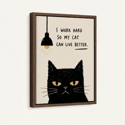 Framed minimalist black cat canvas wall art with walnut float frame on white background