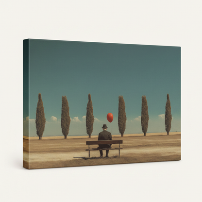 Gallery-wrapped canvas angled view showing surrealist man with red balloon and cypress trees