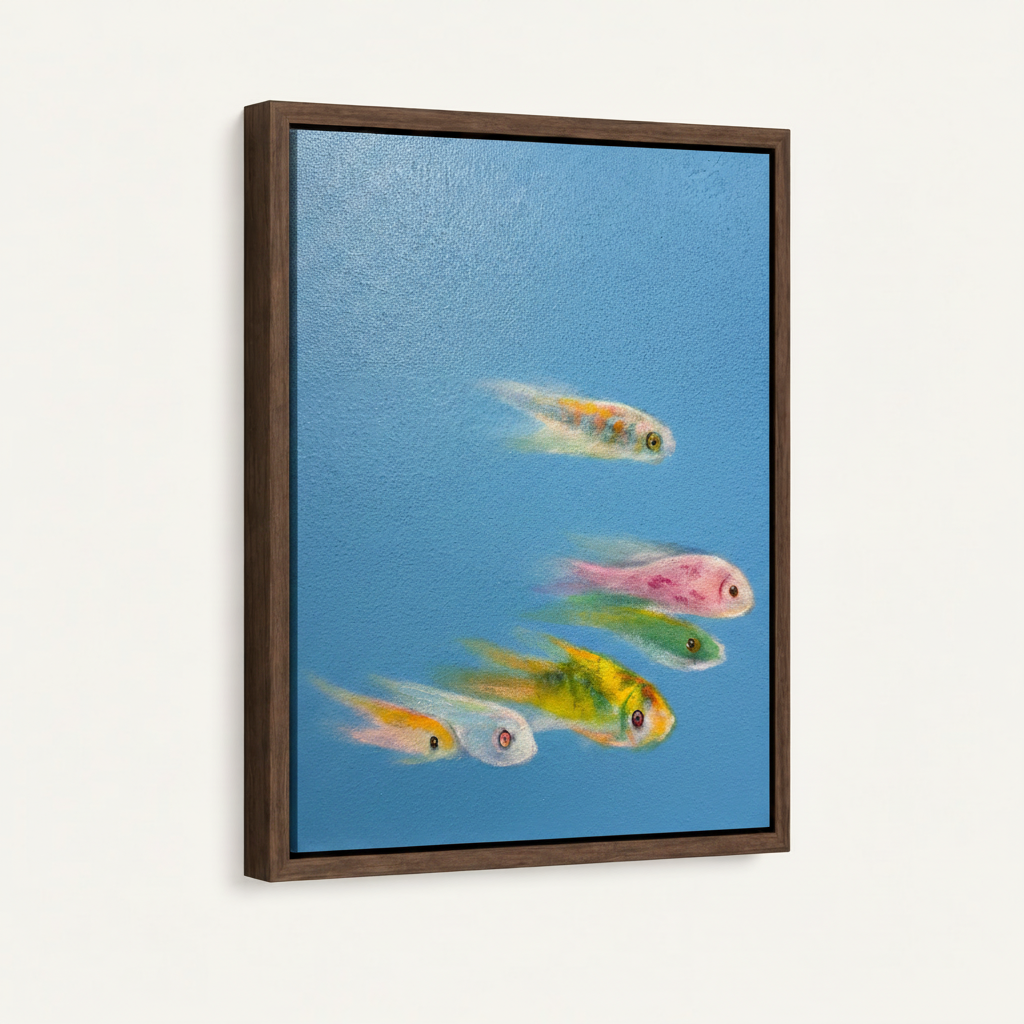 Walnut floating frame whimsical fish oil painting canvas angled product shot on white background
